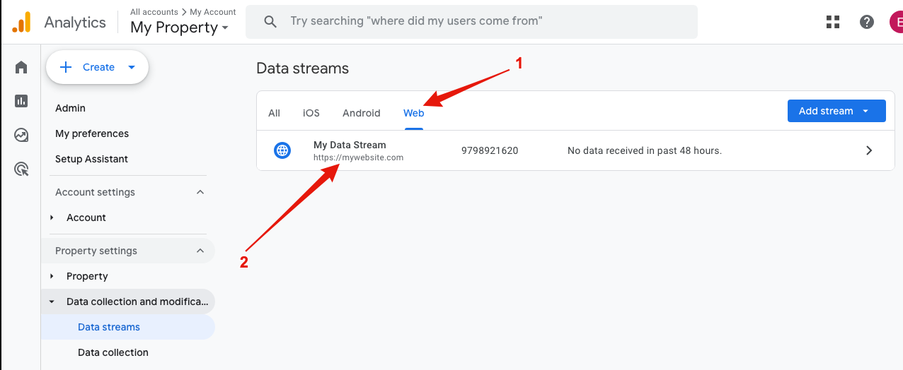 Google Analytics - Select Data Stream